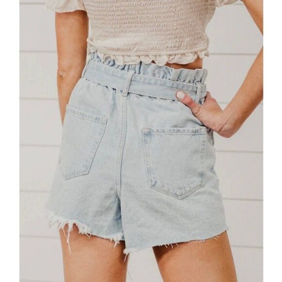 Vervet Paperbag Belted Denim Shorts Light Wash Elastic Waist Medium - Picture 2 of 12